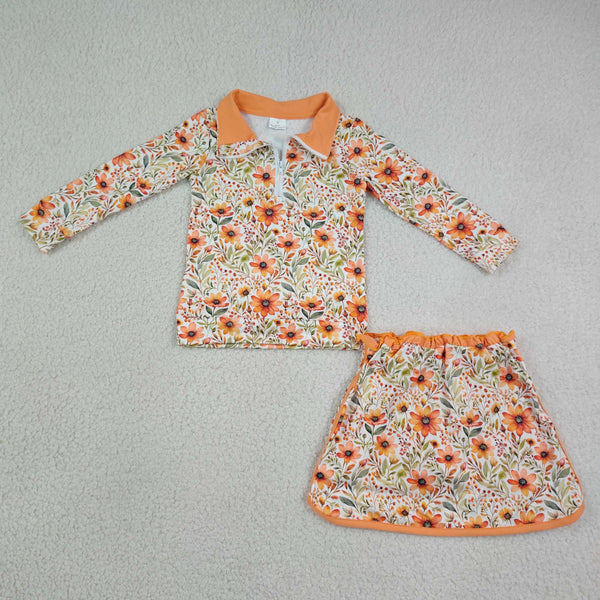 GLD1606 RTS  toddler girl clothes orange floral girl summer set skirt outfit