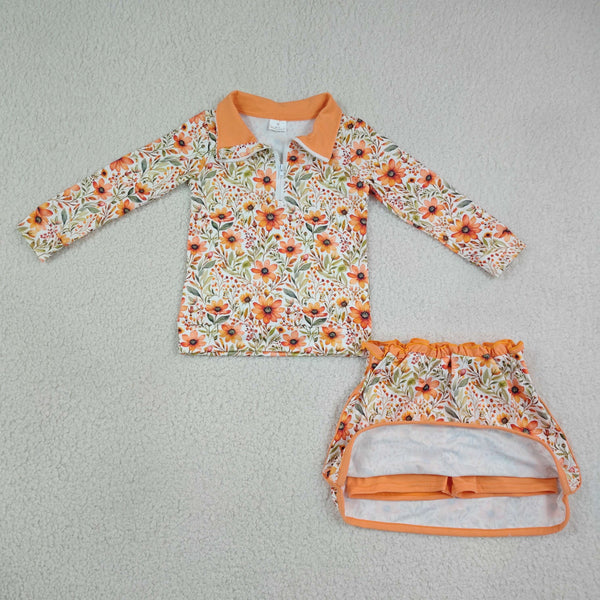 GLD1606 RTS  toddler girl clothes orange floral girl summer set skirt outfit