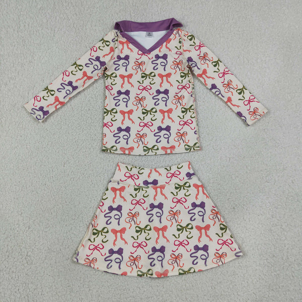 RTS GLD1632 baby girl clothes bow print long sleeve yoga skort outfit