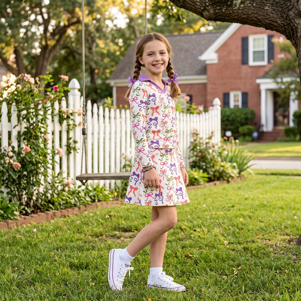 RTS GLD1632 baby girl clothes bow print long sleeve yoga skort outfit