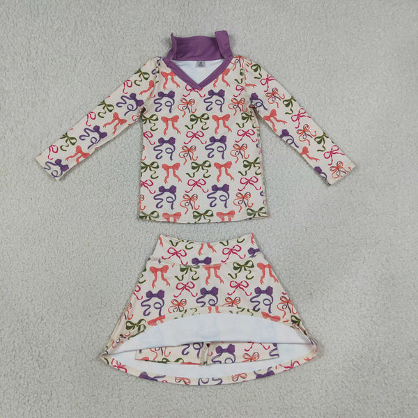 RTS GLD1632 baby girl clothes bow print long sleeve yoga skort outfit