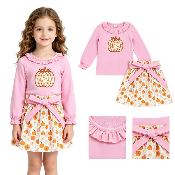 GLD1641 RTS  toddler girl clothes pumpkin print embroidery girl fall set skirt outfit