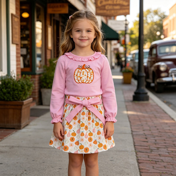 GLD1641 RTS  toddler girl clothes pumpkin print embroidery girl fall set skirt outfit