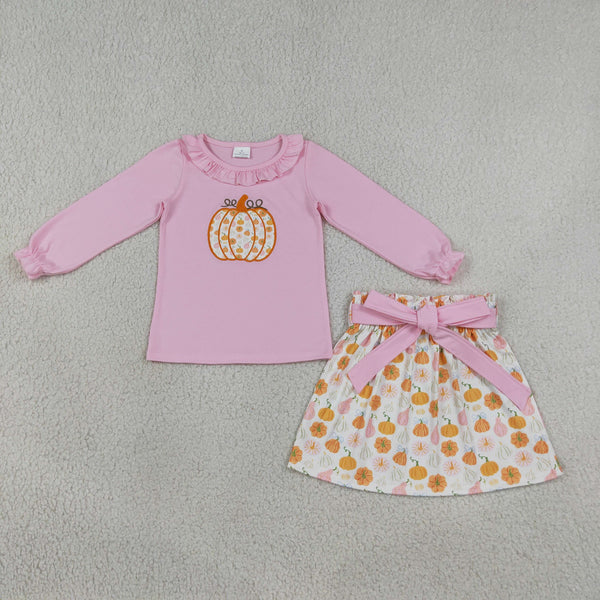 GLD1641 RTS  toddler girl clothes pumpkin print embroidery girl fall set skirt outfit
