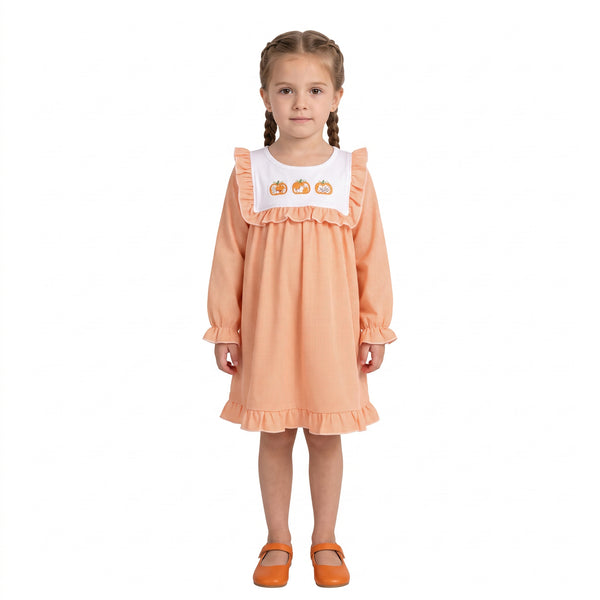 RTS GLD1645 baby girl clothes thanksgiving embroidery print long sleeve dress