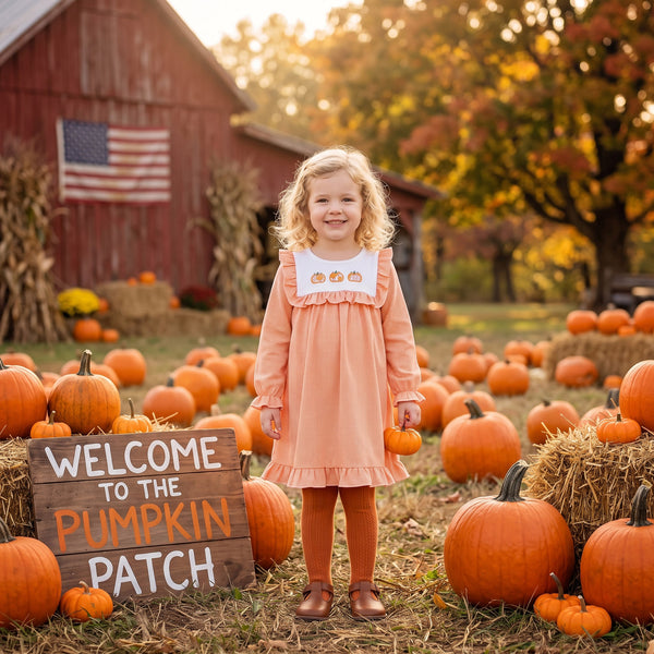 RTS GLD1645 baby girl clothes thanksgiving embroidery print long sleeve dress