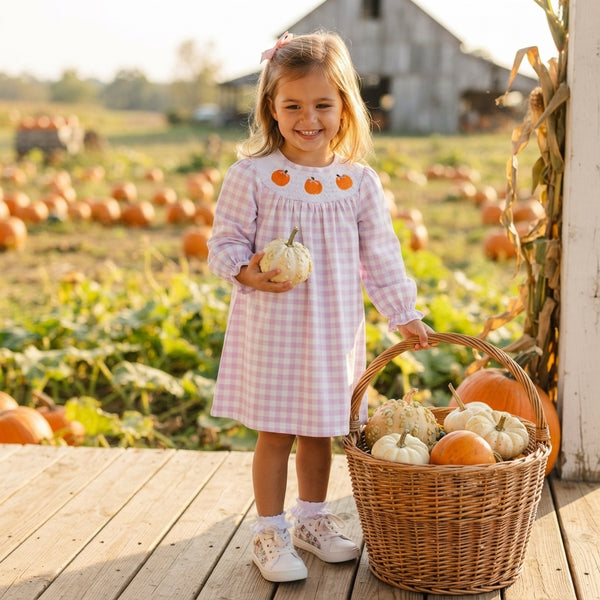RTS GLD1649-smocked baby girl clothes halloween pumpkin print long sleeve dress