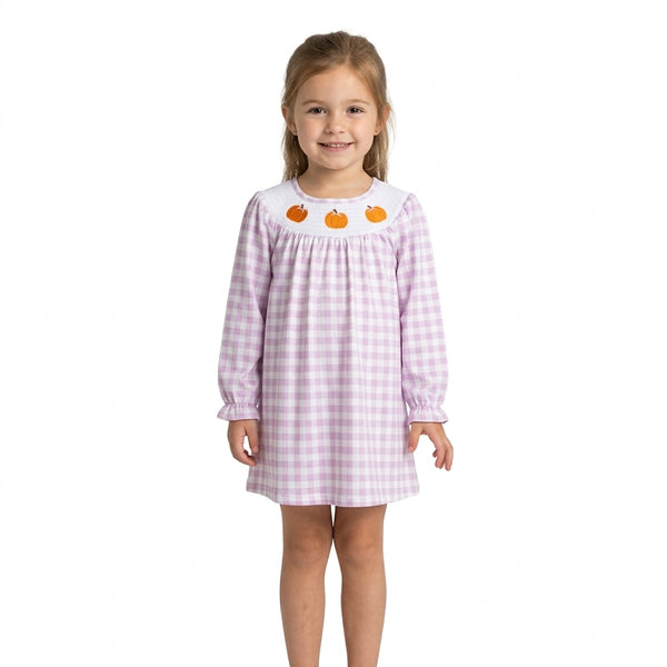 RTS GLD1649-smocked baby girl clothes halloween pumpkin print long sleeve dress