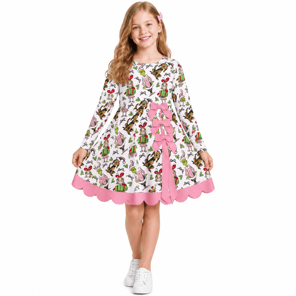 RTS GLD1656 toddler girl clothes christmas animal print long sleeve scallop yoga dress sports dress