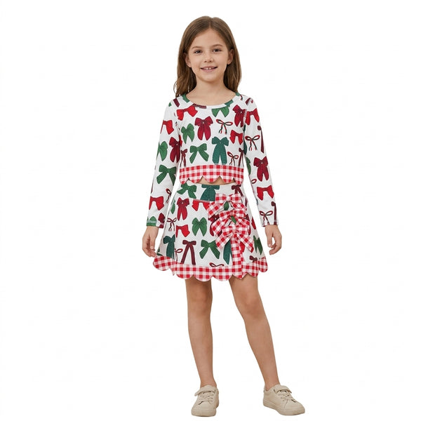 RTS GLD1677 toddler girl clothes christmas bow print long sleeve yoga skirt outfit