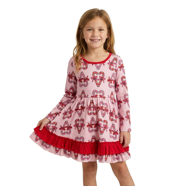 RTS GLD1695 toddler girl clothes heart bow print long sleeve dress christmas clothes twirl dresses