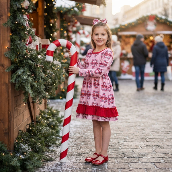 RTS GLD1695 toddler girl clothes heart bow print long sleeve dress christmas clothes twirl dresses