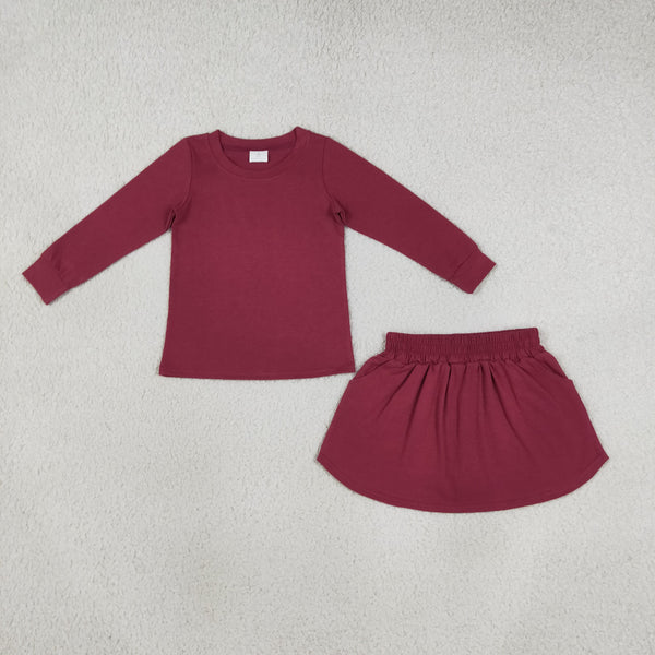 RTS GLD1697 toddler girl clothes cotton solid maroon long sleeve skirt outfit winter  clothing set