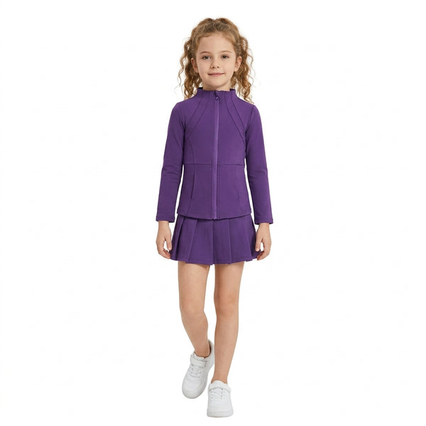 RTS GLD1704 baby girl clothes solid print long sleeve yoga athletic jacket skort set