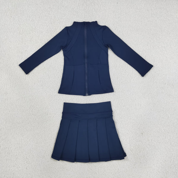 RTS GLD1705 toddler girl yoga clothes solid navy long sleeve skirt outfit sports clothing set