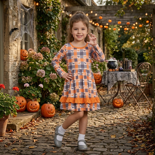 RTS GLD1707 baby girl clothes halloween checkered pumpkin print long sleeve flare dress outfit