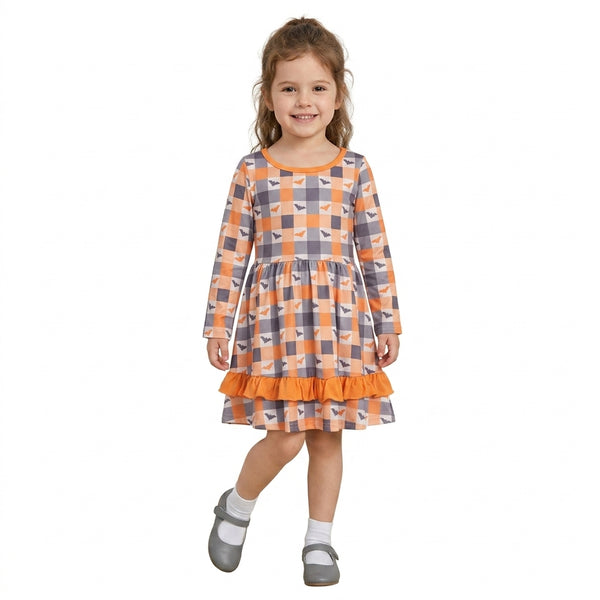 RTS GLD1707 baby girl clothes halloween checkered pumpkin print long sleeve flare dress outfit