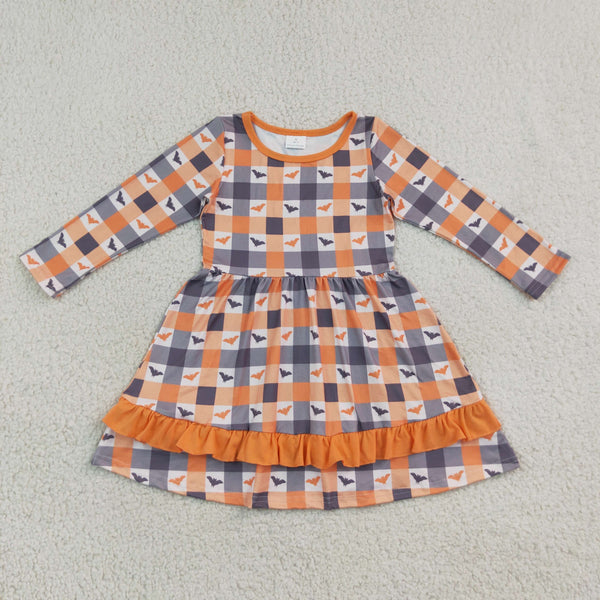 RTS GLD1707 baby girl clothes halloween checkered pumpkin print long sleeve flare dress outfit