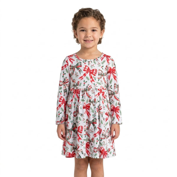 RTS GLD1709 baby girl clothes christmas bow  toddler girl long sleeve dress