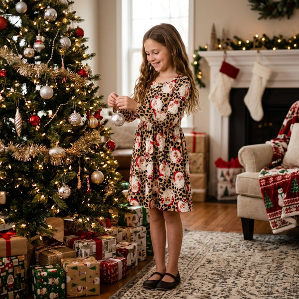 RTS GLD1761 toddler girl clothes leopard Santa Christmas print long sleeve dress