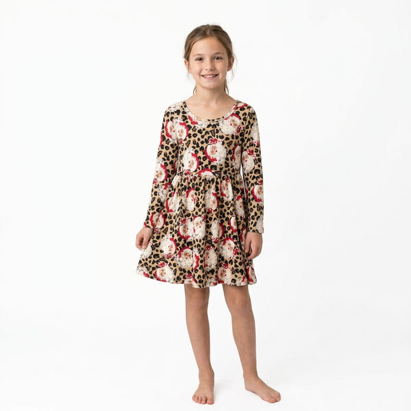 RTS GLD1761 toddler girl clothes leopard Santa Christmas print long sleeve dress