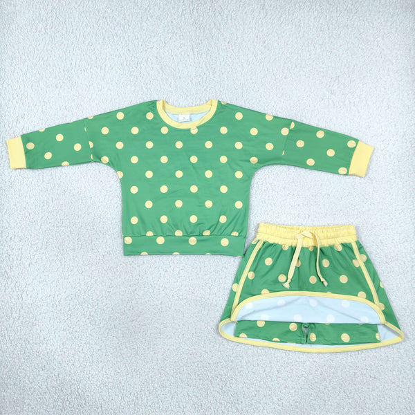 RTS GLD1764 toddler girl clothes dot print long sleeve outfit green skirt set winter clothing