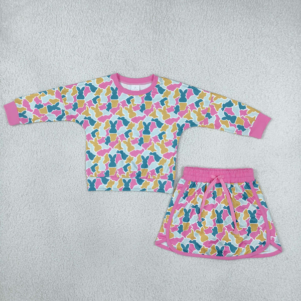 RTS GLD1825 toddler girl easter colorful floral print long sleeve top and skirt outfit