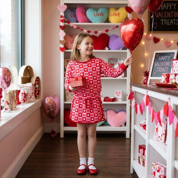 RTS GLD1826 toddler girl Valentine red square print long sleeve top and skirt outfit