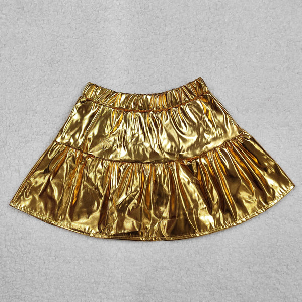 GLK0043 RTS baby girls clothes gold fake leather girl summer skirt