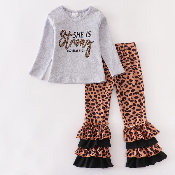 she's strong leopard matching winter kids clothes girls