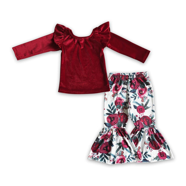 GLP0361 baby girl clothes floral velvet wintet set