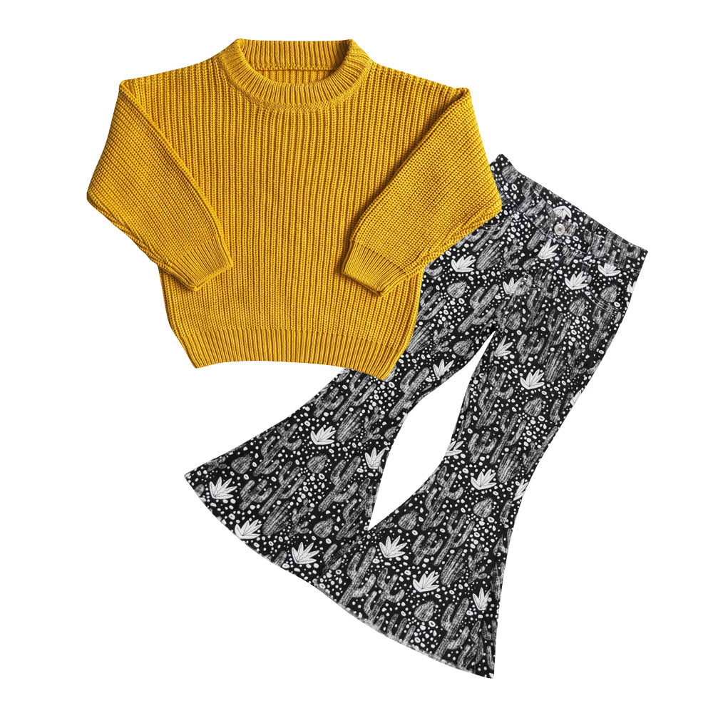 GLP0836 baby girl clothes yellow knit sweater top+jeans girl winter outfit