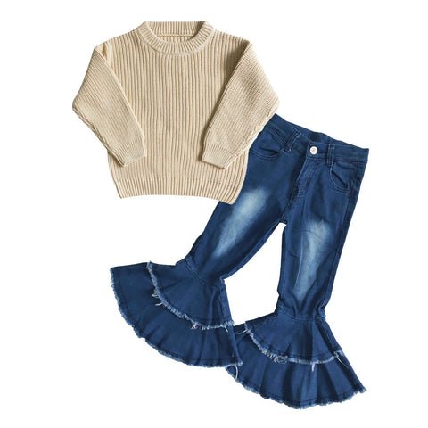 GLP0838 baby girl clothes cream knit sweater top+jeans girl winter outfit