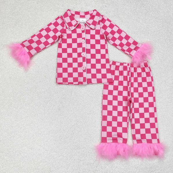 GLP1256 RTS  toddler girl clothes pink plaid gingham fur girl winter pajamas outfit