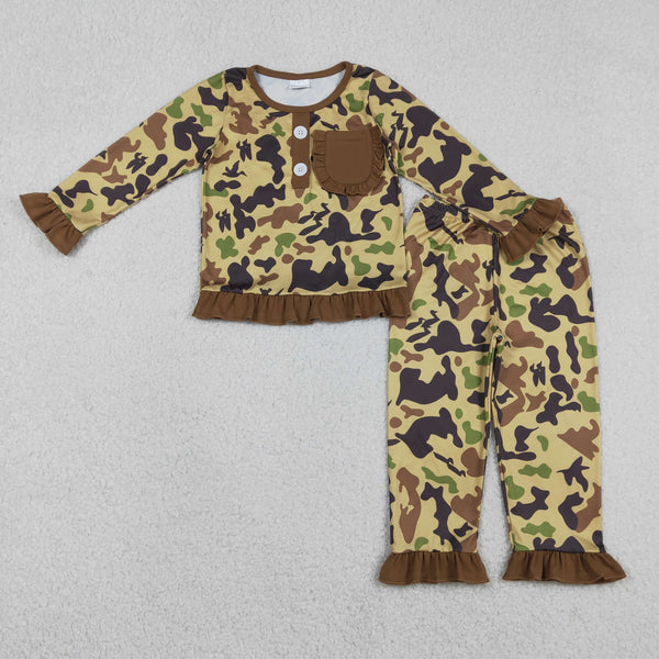 GLP1355 RTS kids girl winter clothes camo ruffels girl winter pajamas set