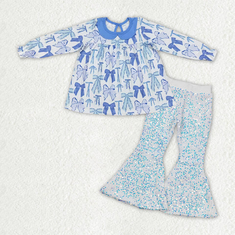 GLP1717 RTS baby girl clothes blue grandmillennial girl winter outfit sequin pants set