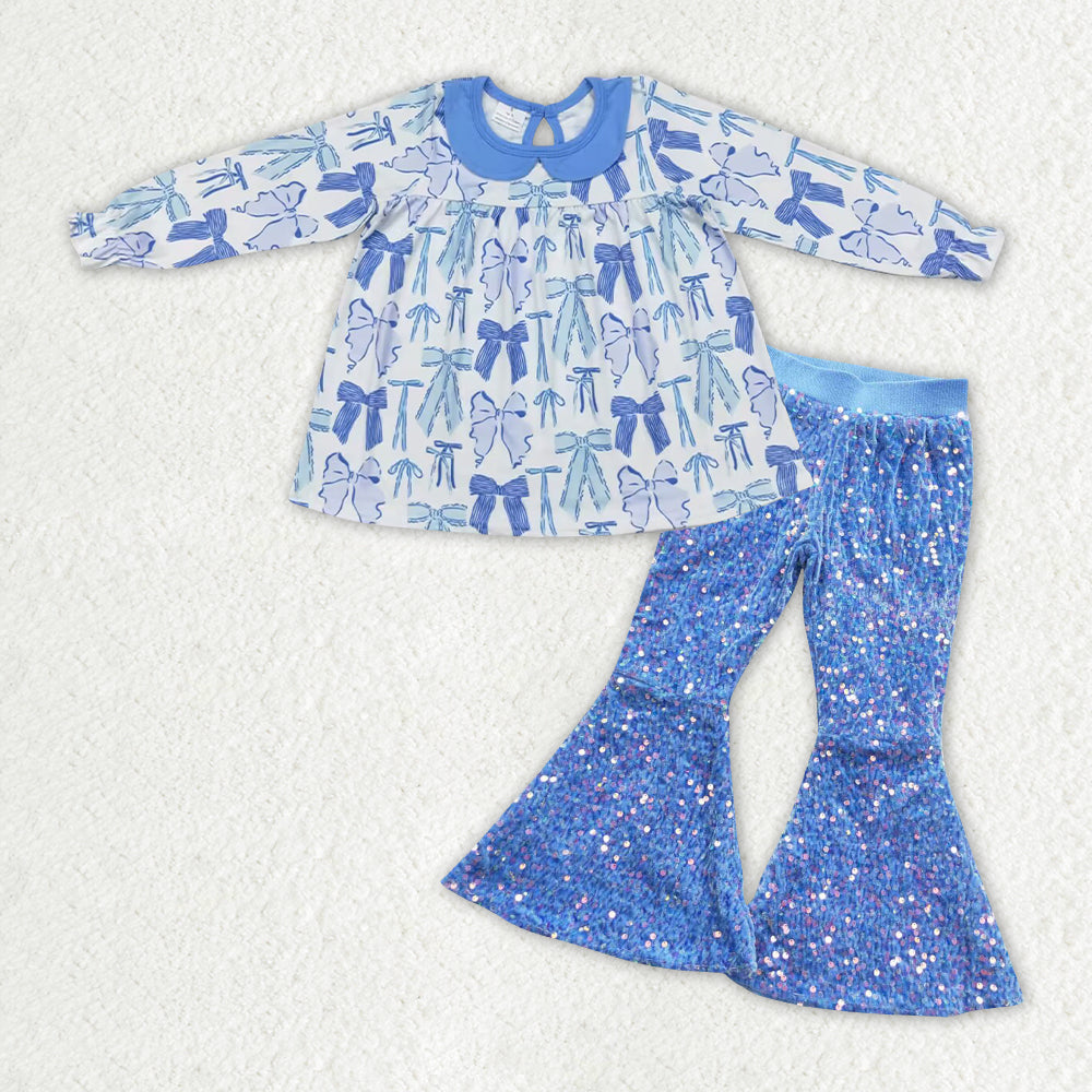 GLP1718 RTS baby girl clothes blue grandmillennial girl winter outfit sequin pants set 1