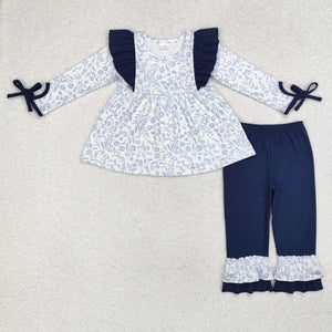 GLP1828 RTS toddler girl clothes blue floral girl  winter set navy outfit