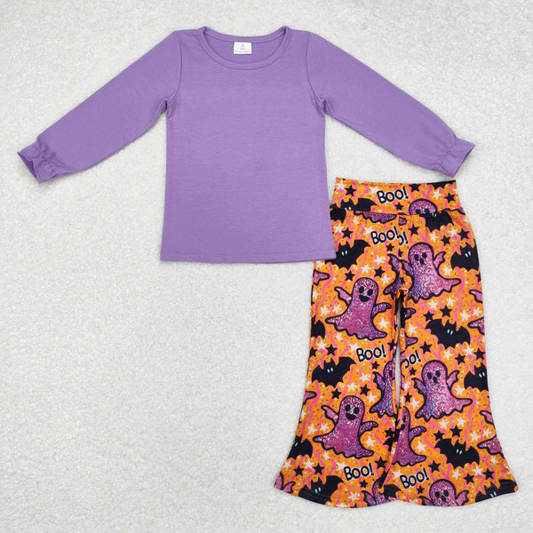 GLP2056 RTS toddler girl clothes purple ghost girl halloween bell bottoms pant set