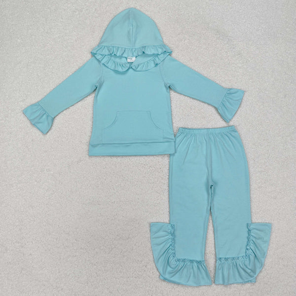 RTS kids clothes solid color print ruffle girls matching clothes winter hoodie set-2025.9.8
