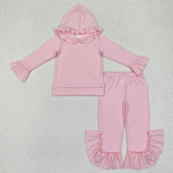 RTS kids clothes solid color print ruffle girls matching clothes winter hoodie set-2025.9.8