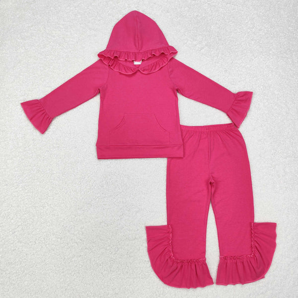 RTS kids clothes solid color print ruffle girls matching clothes winter hoodie set-2025.9.8