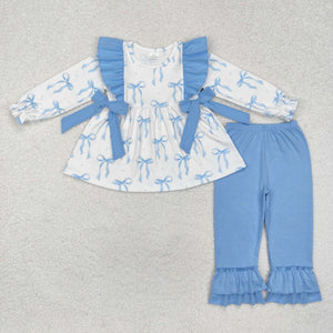 GLP2109 RTS toddler girl clothes blue bows print girl winter set