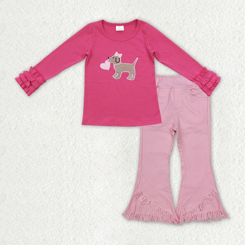 GLP2236 baby girl clothes dog girl valentines bell bottoms jeans outfits