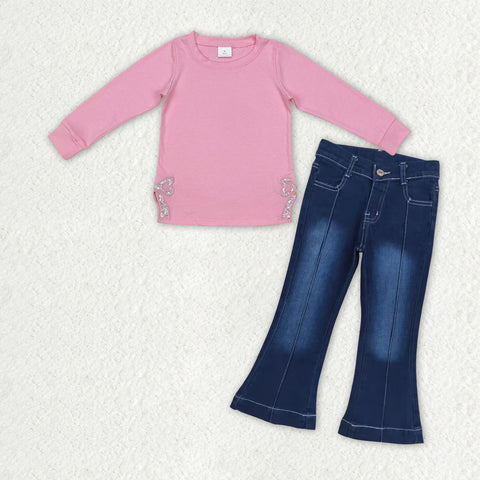 GLP2299 RTS toddler girl clothes bow grandmillennial embroidery girl winter outfit jeans set