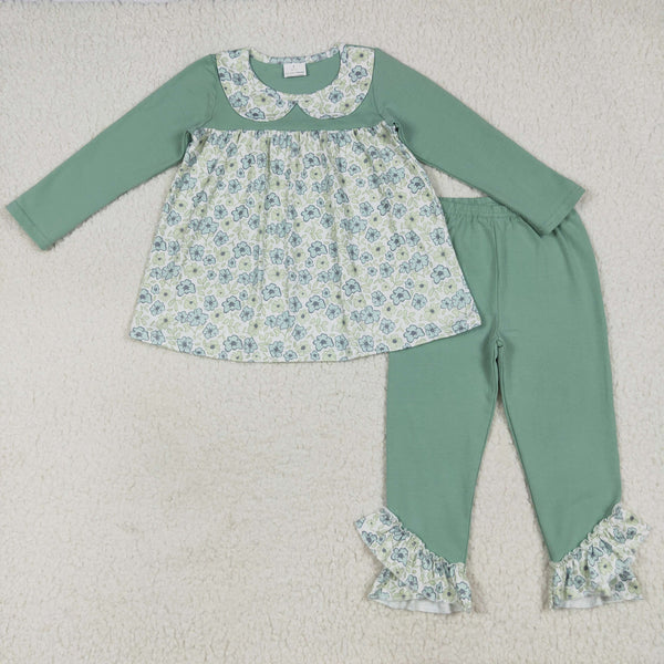 GLP2407 RTS girl clothes green floral girl winter set