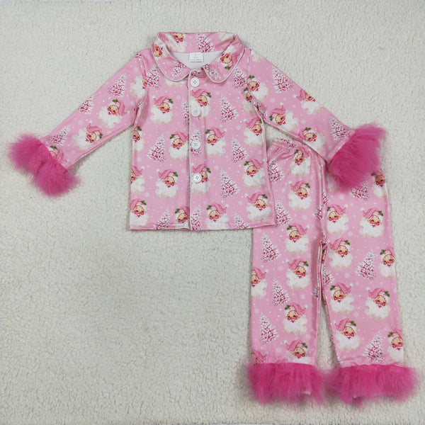 GLP2424 RTS girl clothes pink fur santa claus girl winter christmas pajamas set