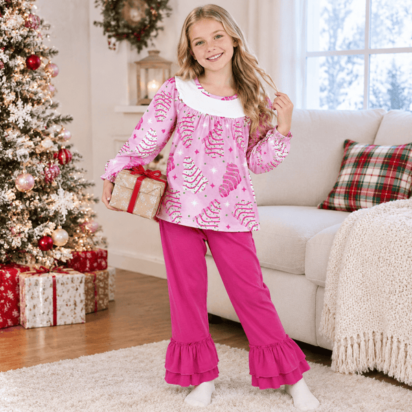 RTS GLP2502 toddler girl clothes tree cake print long sleeve ruffle pants outfit  christmas clothing