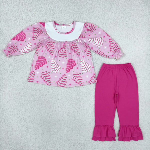 RTS GLP2502 toddler girl clothes tree cake print long sleeve ruffle pants outfit  christmas clothing