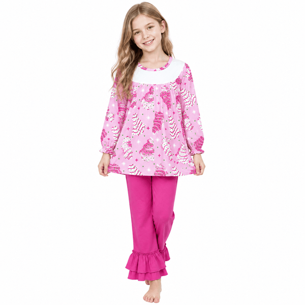 RTS GLP2502 toddler girl clothes tree cake print long sleeve ruffle pants outfit  christmas clothing